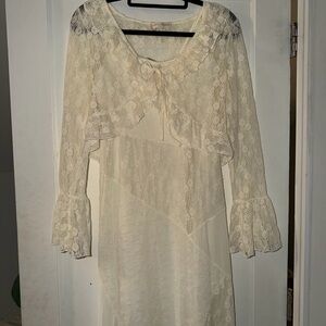 Vintage-Inspired Ivory Lace Maxi Dress with Ruffle Details 2 piece set